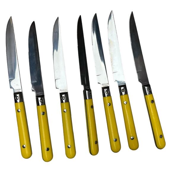 Retro 60s 70s Crown Corning Stainless 8 1/4" Steak Knife Set of 7 Yellow Plastic